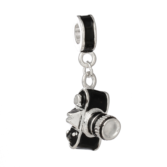 Picture of European Style Large Hole Charm Dangle Beads Travel Camera Silver Plated Black Enamel 34mm x 10mm, 5 PCs