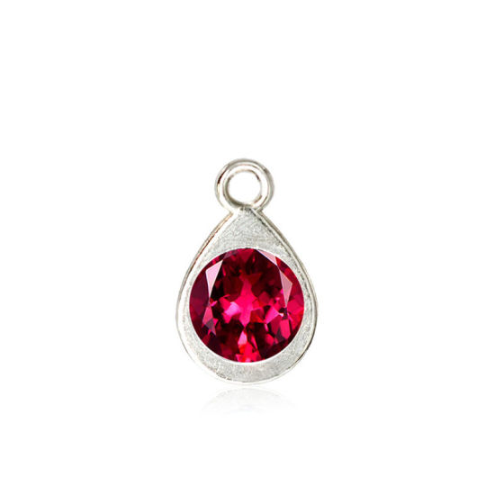 Picture of Zinc Based Alloy & Glass Birthstone Charms Drop January Silver Tone Dark Red 11mm x 7mm, 10 PCs
