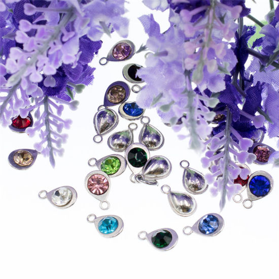 Immagine di Zinc Based Alloy & Glass Birthstone Charms Drop April Silver Tone Transparent Clear 11mm x 7mm, 10 PCs