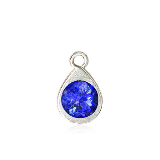 Picture of Zinc Based Alloy & Glass Birthstone Charms Drop September Silver Tone Dark Blue 11mm x 7mm, 10 PCs