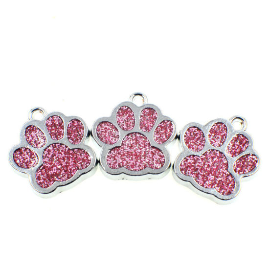 Изображение Zinc Based Alloy & Glass Pet Memorial Charms Paw Claw Silver Tone Pink Glitter 16mm x 16mm, 10 PCs