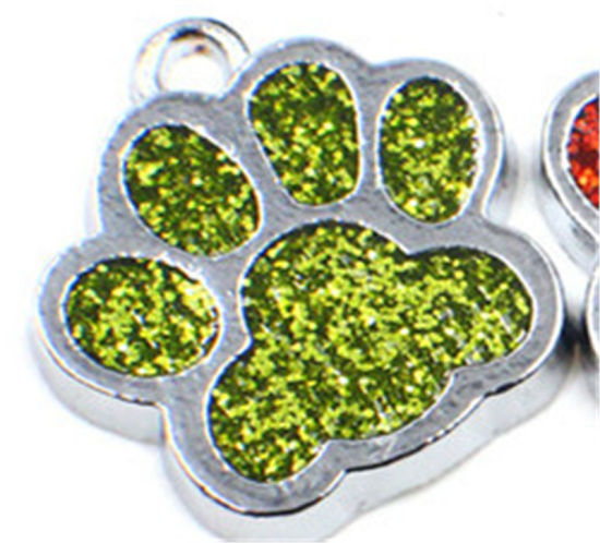 Изображение Zinc Based Alloy & Glass Pet Memorial Charms Paw Claw Silver Tone Light Green Glitter 16mm x 16mm, 10 PCs
