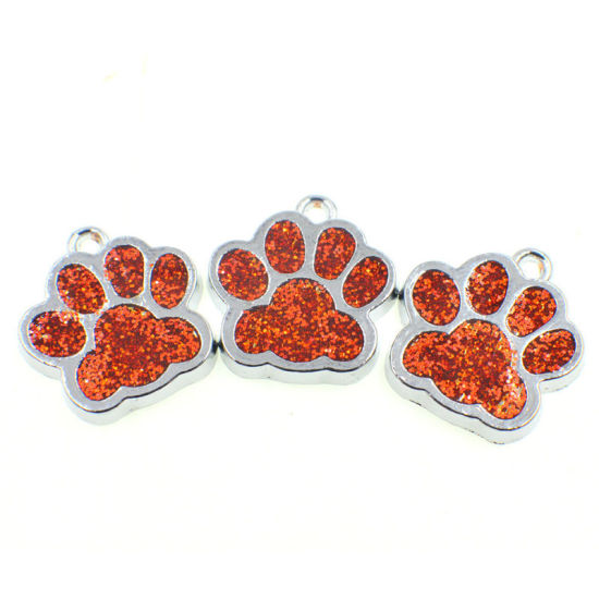 Изображение Zinc Based Alloy & Glass Pet Memorial Charms Paw Claw Silver Tone Red Glitter 16mm x 16mm, 10 PCs