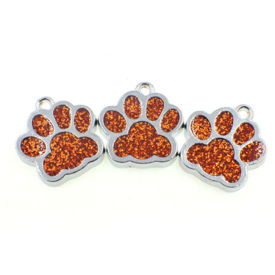 Изображение Zinc Based Alloy & Glass Pet Memorial Charms Paw Claw Silver Tone Orange Glitter 16mm x 16mm, 10 PCs
