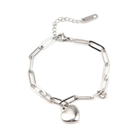 Picture of Stainless Steel Charm Bracelets Silver Tone Oval Heart Clear Cubic Zirconia 16.5cm(6 4/8") long, 1 Piece