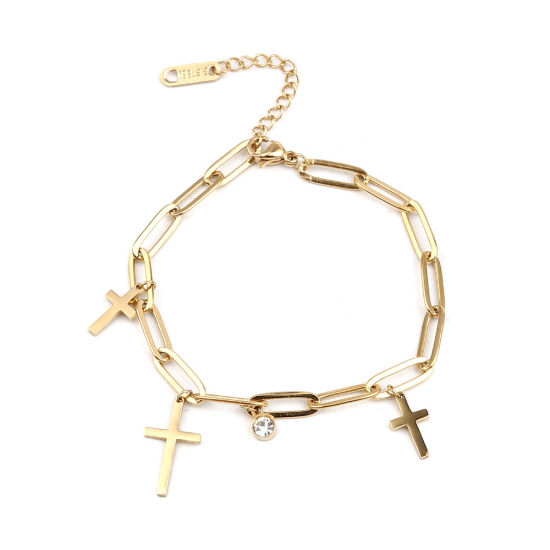 Picture of Stainless Steel Charm Bracelets Gold Plated Oval Cross Clear Cubic Zirconia 16.5cm(6 4/8") long, 1 Piece