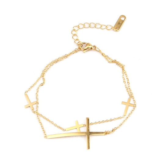 Изображение Stainless Steel Bracelets Gold Plated Cross Multilayer 17cm(6 6/8") long, 1 Piece