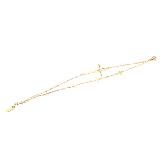 Изображение Stainless Steel Bracelets Gold Plated Cross Multilayer 17cm(6 6/8") long, 1 Piece