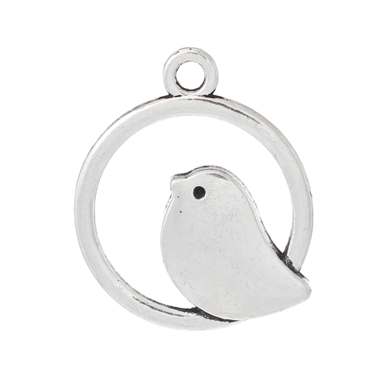Picture of Zinc Based Alloy Charms Round Antique Silver Color Mother Bird Hollow 24mm(1") x 20mm( 6/8"), 20 PCs