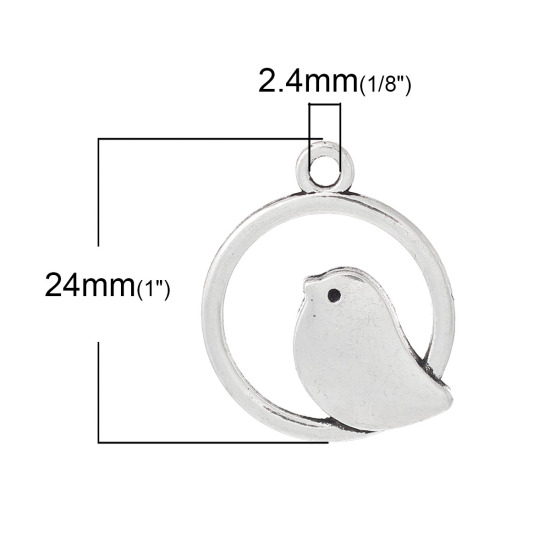 Picture of Zinc Based Alloy Charms Round Antique Silver Color Mother Bird Hollow 24mm(1") x 20mm( 6/8"), 20 PCs