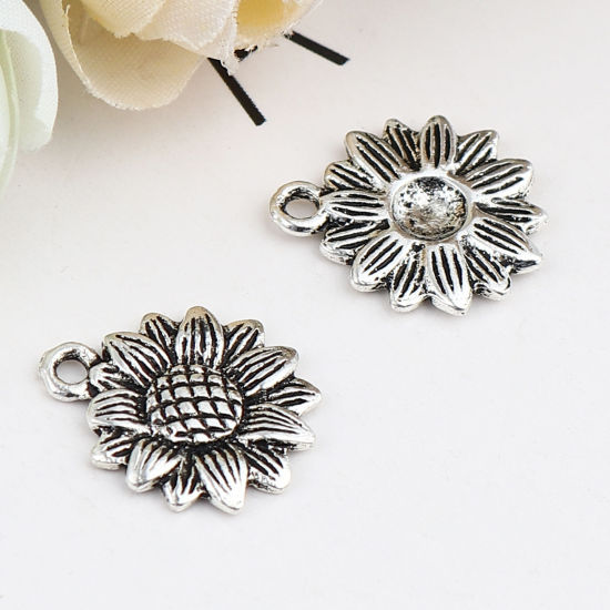 Immagine di Zinc Based Alloy Charms Sunflower Antique Silver Color 18mm x 15mm, 10 PCs