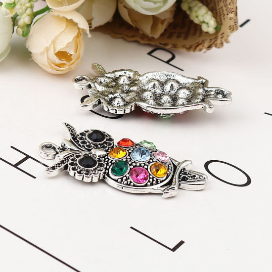 Picture of Zinc Based Alloy Pendants Owl Animal Antique Silver Color Faceted Multicolor Rhinestone (Can Hold ss5 Pointed Back Rhinestone) 49mm x 23mm, 3 PCs