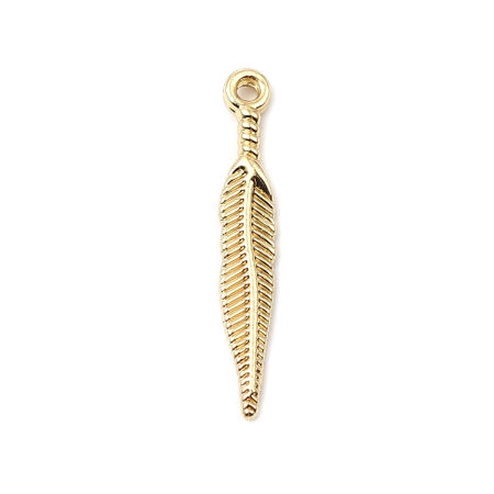 Zinc Based Alloy Charms Feather 16K Real Gold Plated 29mm x 5mm, 10 PCs
