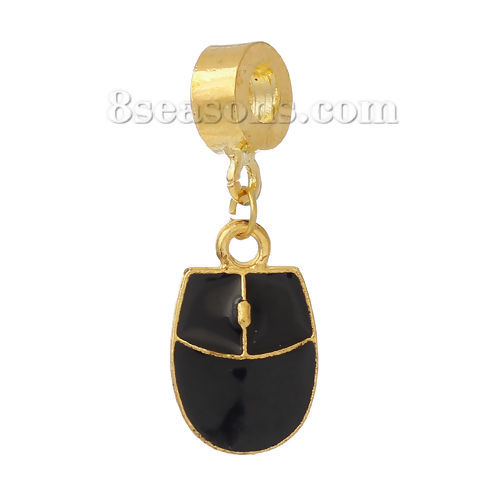 Picture of European Style Large Hole Charm Dangle Beads Couple Mouse Gold Plated Black Enamel 32mm(1 2/8") x 12mm( 4/8"), 5 PCs