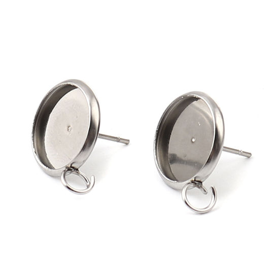 304 Stainless Steel Ear Post Stud Earrings Round Silver Tone W/ Loop Cabochon Settings (Fits 12mm Dia.) 18mm x 14mm, Post/ Wire Size: (21 gauge), 10 PCs の画像