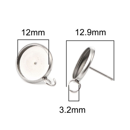 304 Stainless Steel Ear Post Stud Earrings Round Silver Tone W/ Loop Cabochon Settings (Fits 12mm Dia.) 18mm x 14mm, Post/ Wire Size: (21 gauge), 10 PCs の画像