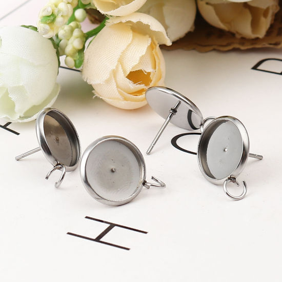 304 Stainless Steel Ear Post Stud Earrings Round Silver Tone W/ Loop Cabochon Settings (Fits 12mm Dia.) 18mm x 14mm, Post/ Wire Size: (21 gauge), 10 PCs の画像