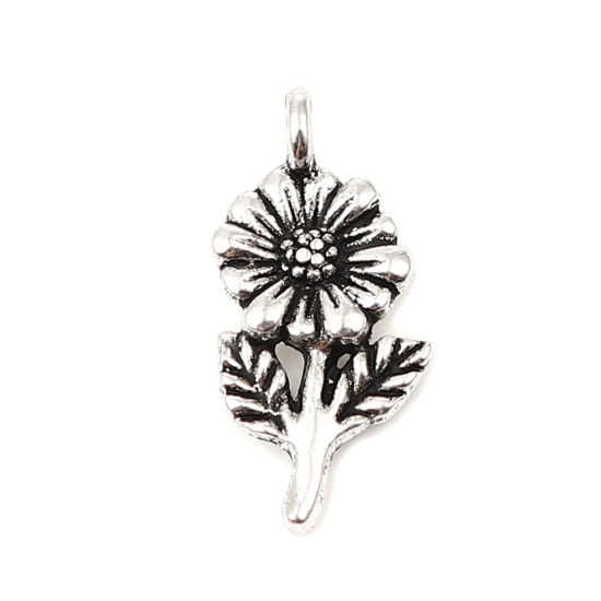 Picture of Zinc Based Alloy Charms Chrysanthemum Flower Antique Silver Color 21mm x 10mm, 100 PCs