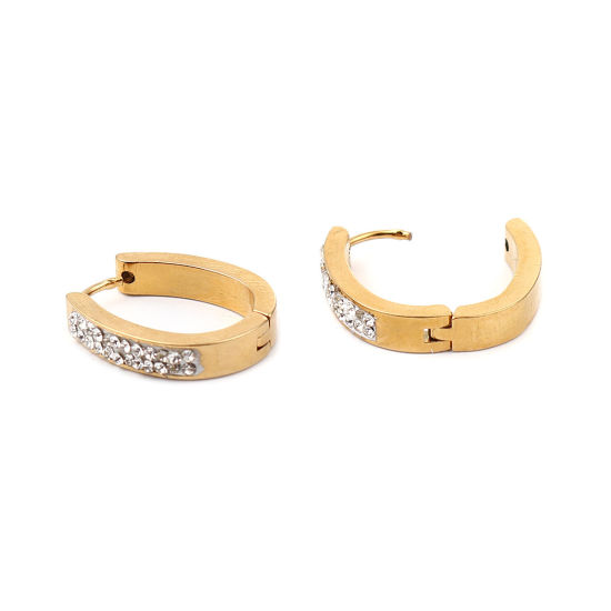 Picture of Stainless Steel Hoop Earrings Gold Plated Oval Clear Rhinestone 22mm x 17mm, Post/ Wire Size: (20 gauge), 1 Pair