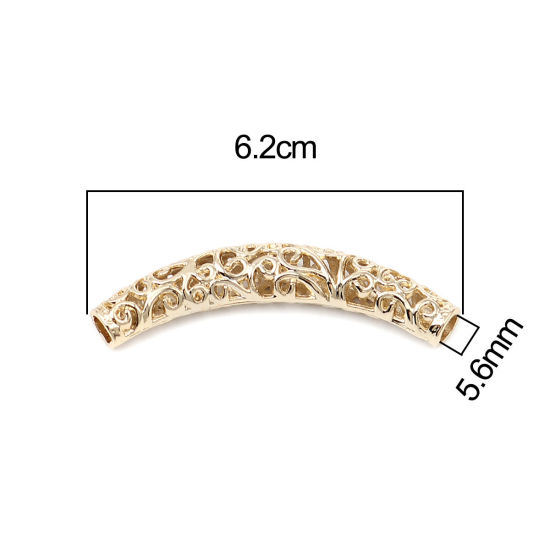 Picture of Zinc Based Alloy Beads For DIY Charm Jewelry Making 16K Gold Color Tube Filigree About 62mm x 13mm, Hole: Approx 5.6mm, 2 PCs