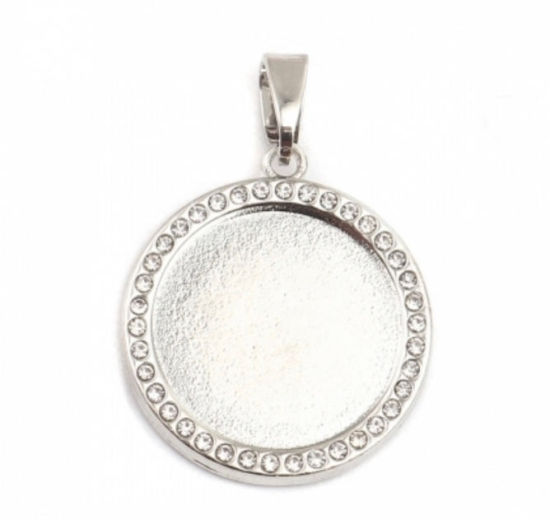 Picture of Zinc Based Alloy Cabochon Settings Pendants Round Antique Silver Color (Fits 20mm Dia.) Clear Rhinestone 35mm x 25mm, 2 PCs
