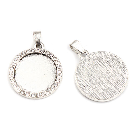 Picture of Zinc Based Alloy Cabochon Settings Pendants Round Antique Silver Color (Fits 20mm Dia.) Clear Rhinestone 35mm x 25mm, 2 PCs