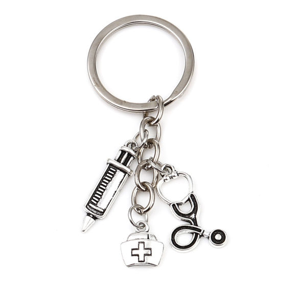 Picture of Medical Keychain & Keyring Antique Silver Color Syringe Stethoscope 75mm, 1 Piece