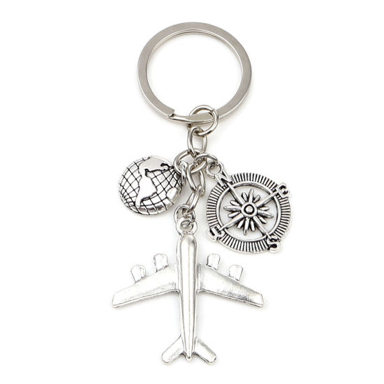 Изображение Travel Keychain & Keyring Antique Silver Color Airplane Compass 10cm, 1 Piece