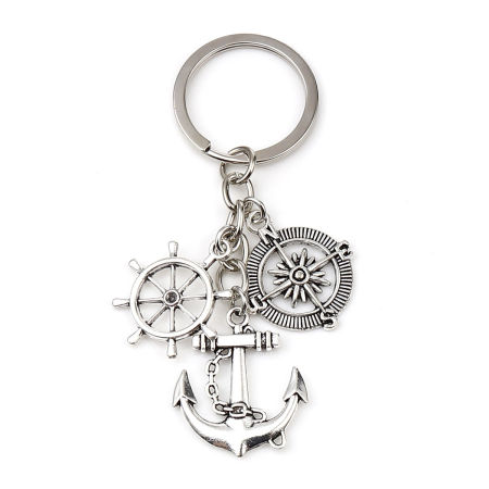 Image de Porte-Clés Voyage Argent Vieilli Ancre Boussole 9.2cm, 1 Pièce