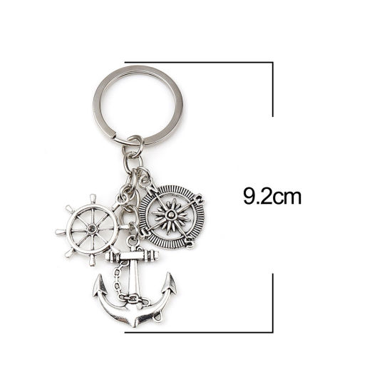 Picture of Travel Keychain & Keyring Antique Silver Color Anchor Compass 9.2cm, 1 Piece