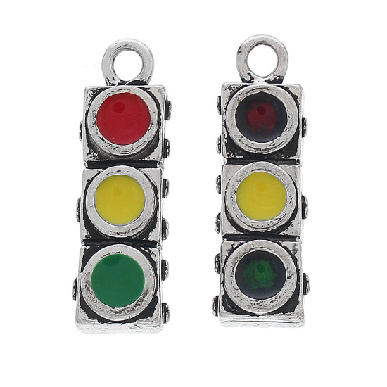 Image de Pendentifs en Alliage de Zinc 3D Rectangle Argent Vieilli Rouge & Vert Email 25mm x 8mm, 10 Pcs