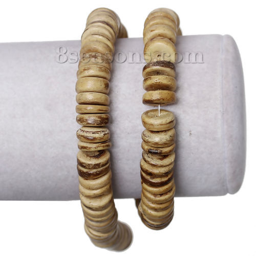 Picture of Coconut Shell Spacer Beads Cylinder Light Coffee About 10mm Dia, Hole: Approx 1mm, 40.7cm long, 3 Strands (Approx 118 PCs/Strand)