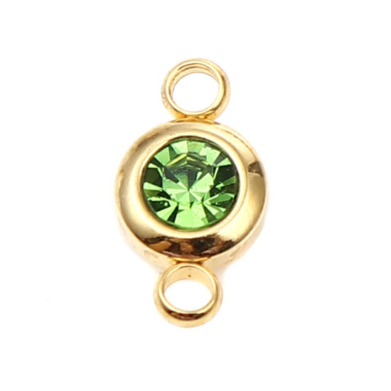 Picture of 304 Stainless Steel & Glass Birthstone Connectors Gold Plated Green Round August 12mm x 7mm, 2 PCs