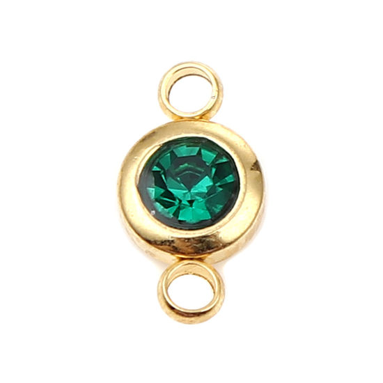 Picture of 304 Stainless Steel & Glass Birthstone Connectors Gold Plated Dark Green Round May 12mm x 7mm, 2 PCs