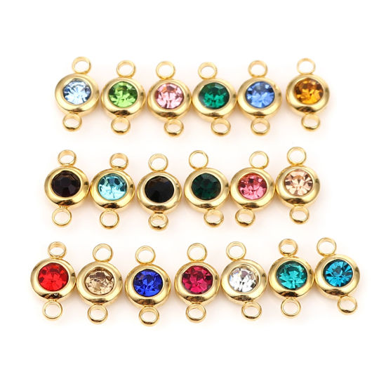Picture of 304 Stainless Steel & Glass Birthstone Connectors Gold Plated Dark Green Round May 12mm x 7mm, 2 PCs