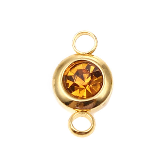 Picture of 304 Stainless Steel & Glass Birthstone Connectors Gold Plated Orange Round November 12mm x 7mm, 2 PCs