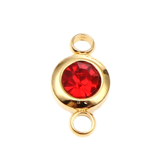 Picture of 304 Stainless Steel & Glass Birthstone Connectors Gold Plated Red Round July 12mm x 7mm, 2 PCs