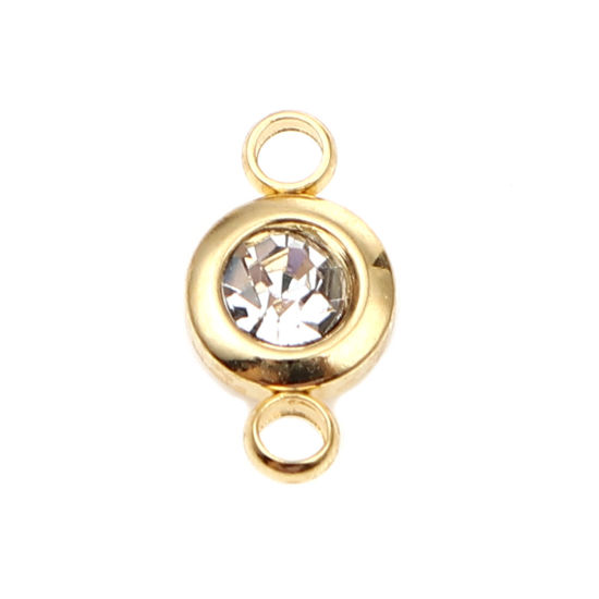 Picture of 304 Stainless Steel & Glass Birthstone Connectors Gold Plated Transparent Clear Round April 12mm x 7mm, 2 PCs