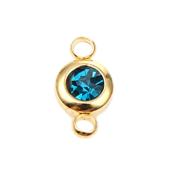 Picture of 304 Stainless Steel & Glass Birthstone Connectors Gold Plated Lake Blue Round December 12mm x 7mm, 2 PCs