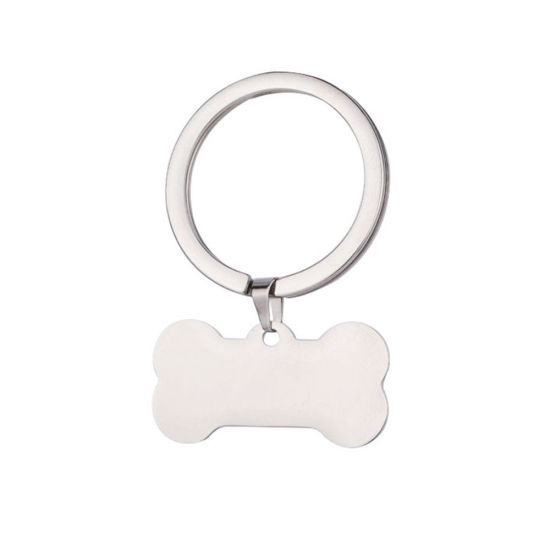 Picture of Stainless Steel Pet Memorial Blank Stamping Tags Keychain & Keyring Silver Tone Bone One-sided Polishing 46mm x 31mm, 1 Piece