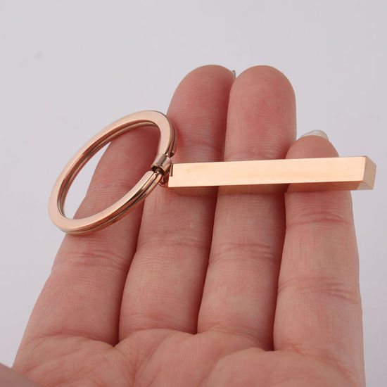 Picture of Stainless Steel Blank Stamping Tags Keychain & Keyring Rose Gold Rectangle One-sided Polishing 74mm x 30mm, 1 Piece