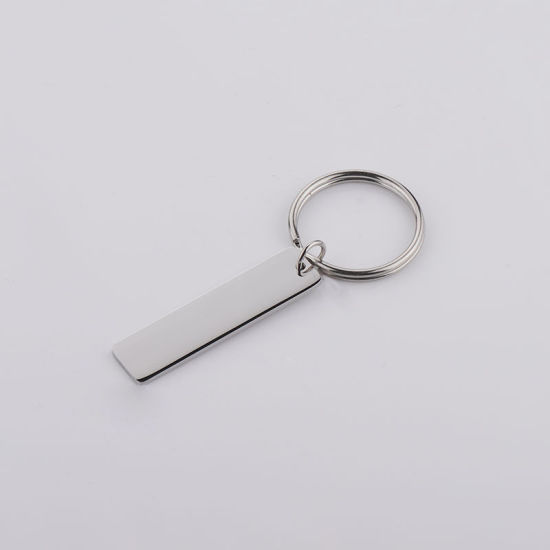 Picture of Stainless Steel Blank Stamping Tags Keychain & Keyring Silver Tone Rectangle One-sided Polishing 65mm x 25mm, 1 Piece