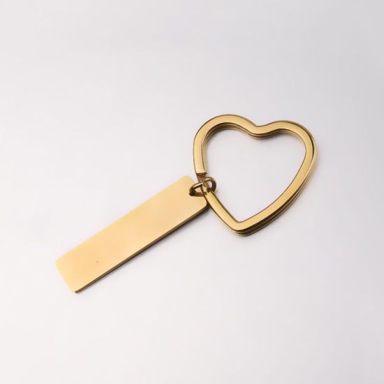 Picture of Stainless Steel Blank Stamping Tags Keychain & Keyring Gold Plated Rectangle Heart One-sided Polishing 71mm x 31mm, 1 Piece