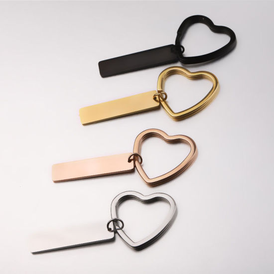 Picture of Stainless Steel Blank Stamping Tags Keychain & Keyring Gold Plated Rectangle Heart One-sided Polishing 71mm x 31mm, 1 Piece