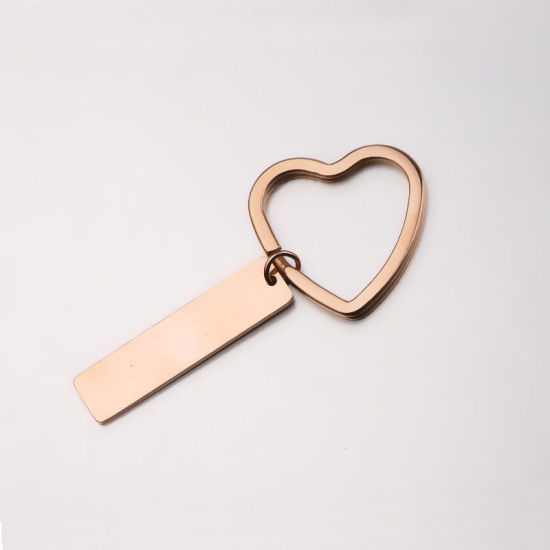 Picture of Stainless Steel Blank Stamping Tags Keychain & Keyring Rose Gold Rectangle Heart One-sided Polishing 71mm x 31mm, 1 Piece