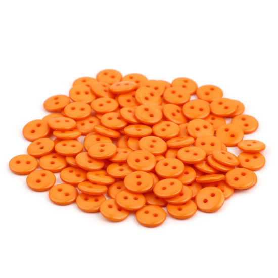 Изображение Смола Пуговицы С двумя отверстиями Круглые Оранжевый 10мм диаметр, 100 ШТ