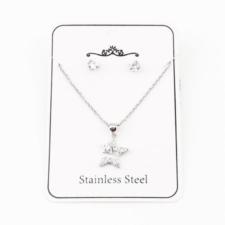 Image de Stainless Steel & Copper Galaxy Jewelry Necklace Earrings Set Silver Tone Round Star Clear Cubic Zirconia 44cm(17 3/8") long, 0.5cm Dia., Post/ Wire Size: (21 gauge), 1 Set