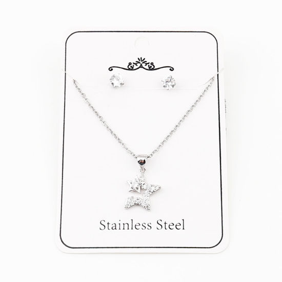 Image de Stainless Steel & Copper Galaxy Jewelry Necklace Earrings Set Silver Tone Round Star Clear Cubic Zirconia 44cm(17 3/8") long, 0.5cm Dia., Post/ Wire Size: (21 gauge), 1 Set