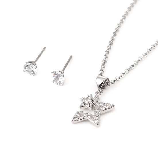 Image de Stainless Steel & Copper Galaxy Jewelry Necklace Earrings Set Silver Tone Round Star Clear Cubic Zirconia 44cm(17 3/8") long, 0.5cm Dia., Post/ Wire Size: (21 gauge), 1 Set