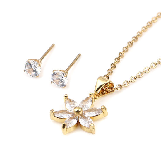 Image de Stainless Steel & Copper Jewelry Necklace Earrings Set Gold Plated Round Flower Clear Cubic Zirconia 44cm(17 3/8") long, 0.5cm Dia., Post/ Wire Size: (21 gauge), 1 Set